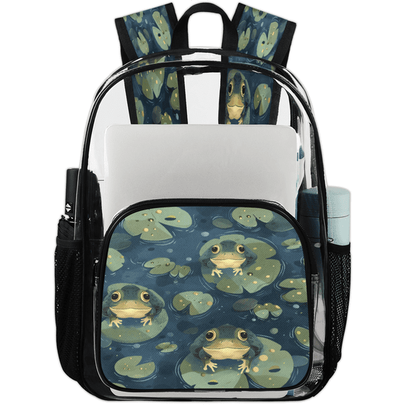 Jiaoprinted Funny Green Frog Clear Backpack for Stadium Events, Cute Frogs Transparent Plastic Bag for Games, Security Checks, Festivals, Concerts
