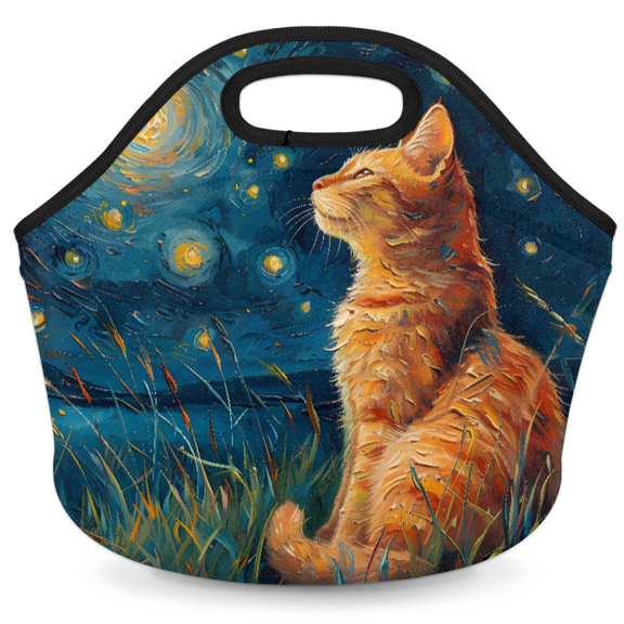 Jiaoprinted Galaxy Cat Night Sky Neoprene Lunch Bag Thermal Insulated Lunch Tote Bag Reusable Washable Picnic Bag for Women Men, Retro Cat