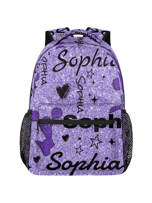 Glitter Purple Personalized Cheer Backpack, Custom Cheerleading Daypack, Customized Name Casual Back Packs, Cheerleader Gifts for Team Women