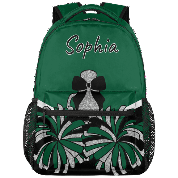 Jiaoprinted Green Black Personalized Cheer Backpack, Custom Cheerleading Backpack for Cheerleaders, Customized Coach Casual Daypack with Name, 18 Inch