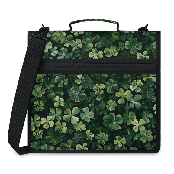 Jiaoprinted Green Clover Shamrock Leaf Zipper 3 D-Ring Binder Bag with Shoulder Strap, St. Patrick's Day Waterproof Expanding Binder, Multi-Pocket Portfolio Organizer Case