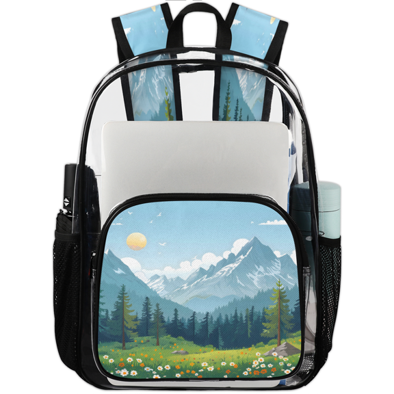 Jiaoprinted Green Mountain Clear Backpack for Stadium Events, Transparent Backpacks See Through Plastic Bag for Concerts & Work, Forest Flower