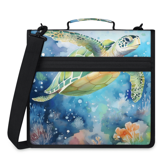 Jiaoprinted Green Sea Turtle Zipper Binder, Ocean Coral Reef Turtle 3 D-Ring Binder, Multi-Pocket Expanding Organizer Bag with Handle and Shoulder Strap for Travel Work
