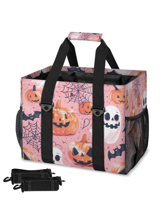 Halloween Evil Pumpkin Ghost Reusable Grocery Bag, Upright Heavy‑Duty Foldable Shopping Bag with Removable Shoulder Strap, Multi‑Pocket Storage Tote for Beach Camping, Bat Spiders Web