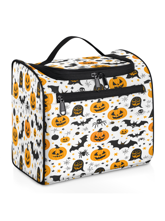 Halloween Evil Pumpkin Travel Toiletry Bag with Hanging Hook for Women Men, Bat Spiders Ghost Large Makeup Cosmetic Organizer for Accessories