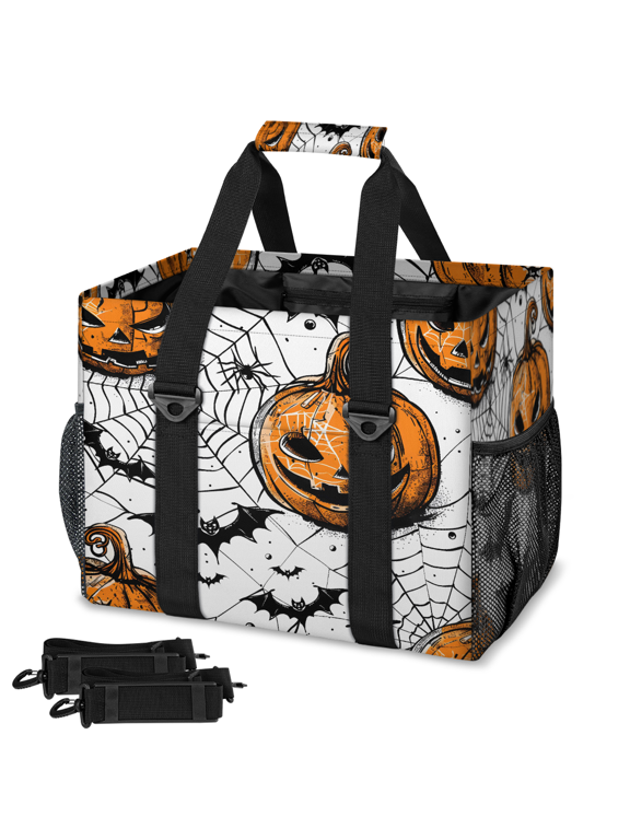 Halloween Evil Pumpkins Reusable Grocery Bag 33L Large Foldable Shopping Bag with Detachable Shoulder Strap & Mesh Pockets, for Beach Camping Travel, Bat Web