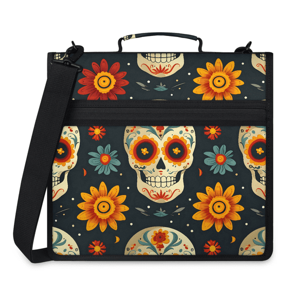 Jiaoprinted Halloween Gothic Skull Zipper Binder, Boho Sunflowers 3 D-Ring Binder, Multi-Pocket Expanding Organizer Bag with Handle and Shoulder Strap for Travel Work