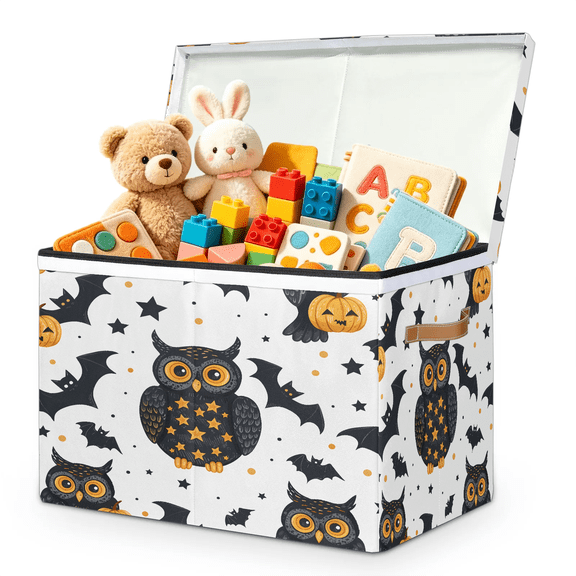 Jiaoprinted Halloween Owls Bats Large Toys Storage Box with Lid and Divider, Cute Owls Foldable Toys Storage Organizer, Stackable Home Organization, 85L