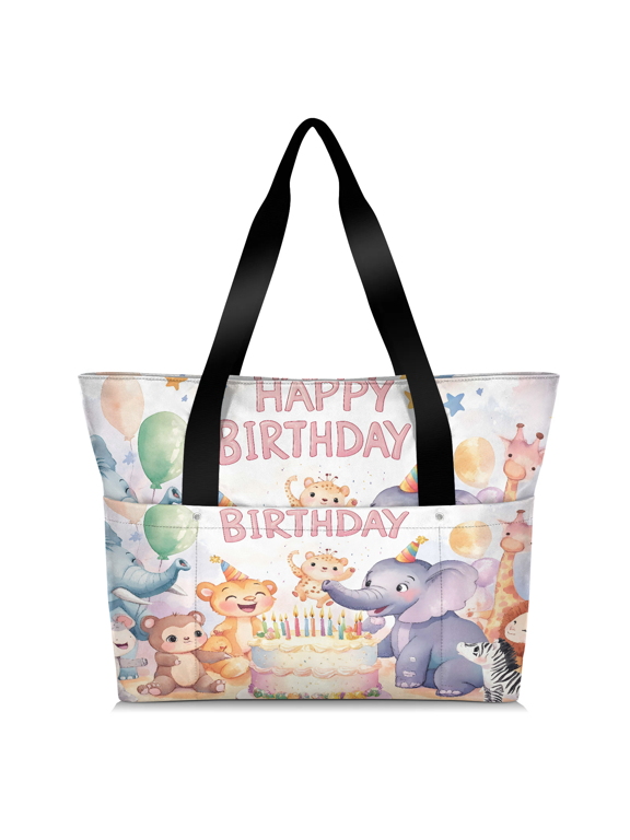 Happy Birthday Animals Tote Bag for Women, Lightweight Waterproof Large Shoulder Handbag with Zipper for Travel Gym Work Shopping, Jungle Animals