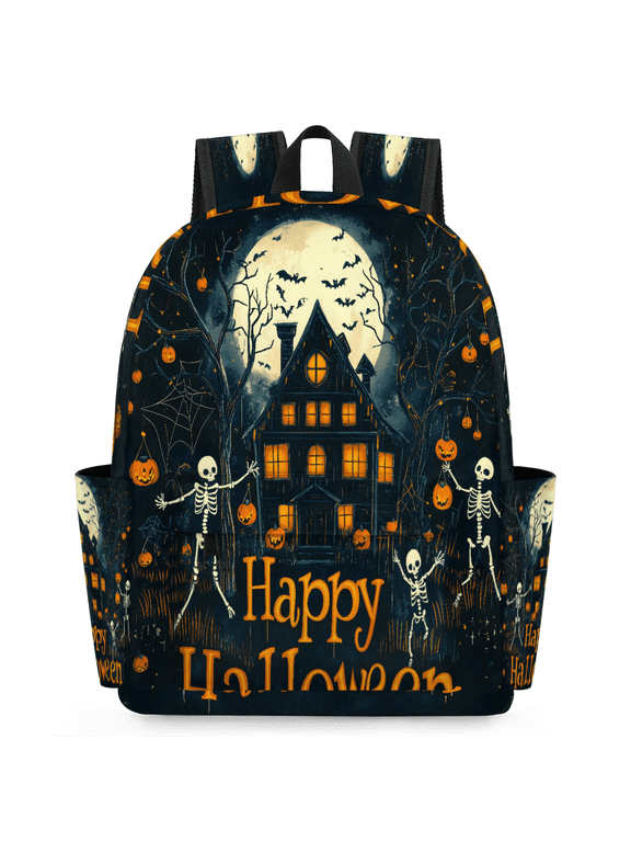 Happy Halloween Haunted House Backpack, Lightweight 15 Inch Laptop Backpack for Men Women, Casual Daypack for Travel Work, Skeletons Skull