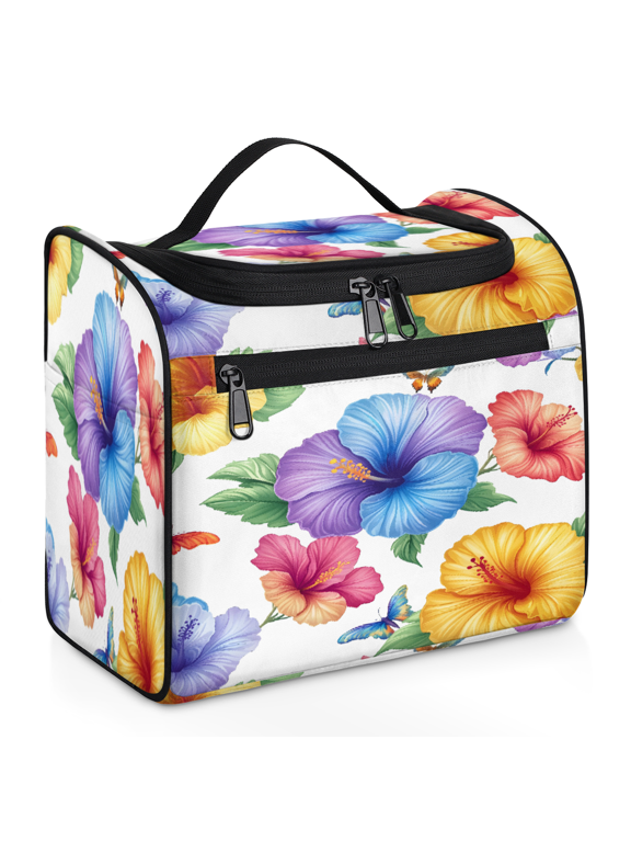 Hawaiian Hibiscus Flowers Travel Toiletry Bag for Men Women, Large Hanging Toiletry Organizer, Waterproof Hygiene Bag with Hook and Zipper for Toiletries, Tropical Floral