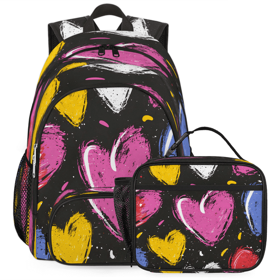 Jiaoprinted Hearts Backpack and Insulated Lunch Box Set, Multi‑Pocket Daypack with Detachable Insulated Lunch Tote for Travel Work Outdoor, Colorful