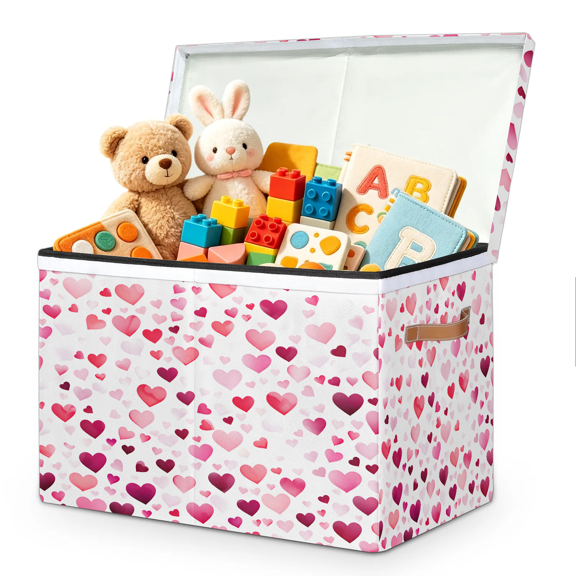 Jiaoprinted Hearts Large Toys Storage Box with Lid and Divider, Hearts Foldable Toys Storage Organizer, Stackable Home Organization, 85L