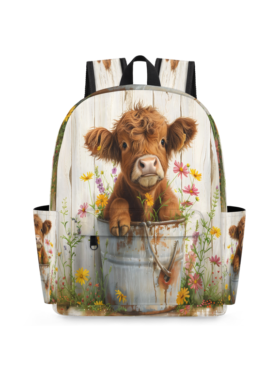 Highland Cattle Backpack for Adults, Breathable Adjustable Strap Casual Daypack, Lightweight Flower Highland Cow Work Laptop Backpack