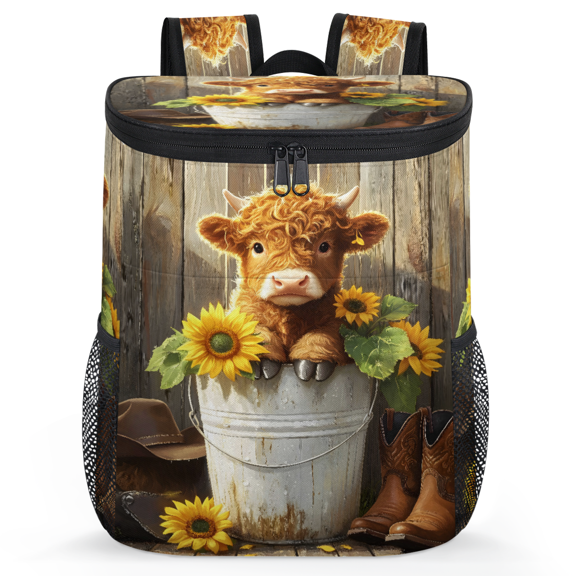 Jiaoprinted Highland Cow Calf Leakproof Cooler Backpack, Summer Sunflowers Insulated Backpack Cooler for Outdoor