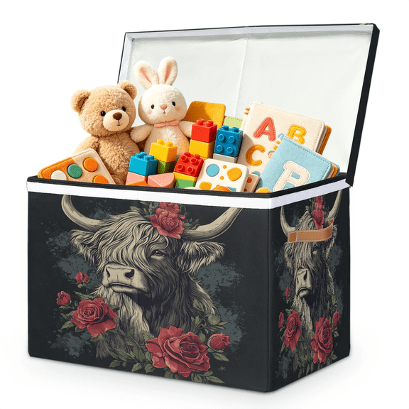 Jiaoprinted Highland Cow Rose Large Toys Storage Box with Lid and Divider, Rustic Animal Foldable Toys Storage Organizer, Stackable Storage Container Home Organization, 85L