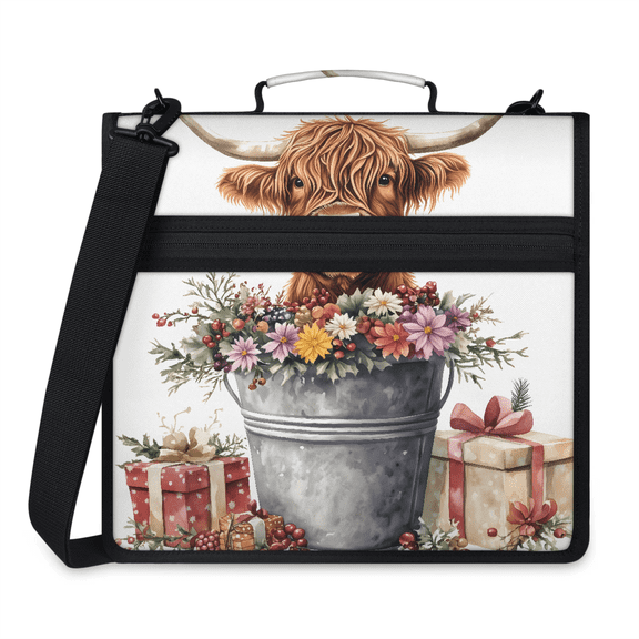 Jiaoprinted Highland Cow Zipper Binder, Country Farm Animal 3 D-Ring Binder, Multi-Pocket Expanding Organizer Bag with Handle and Shoulder Strap for Travel Work