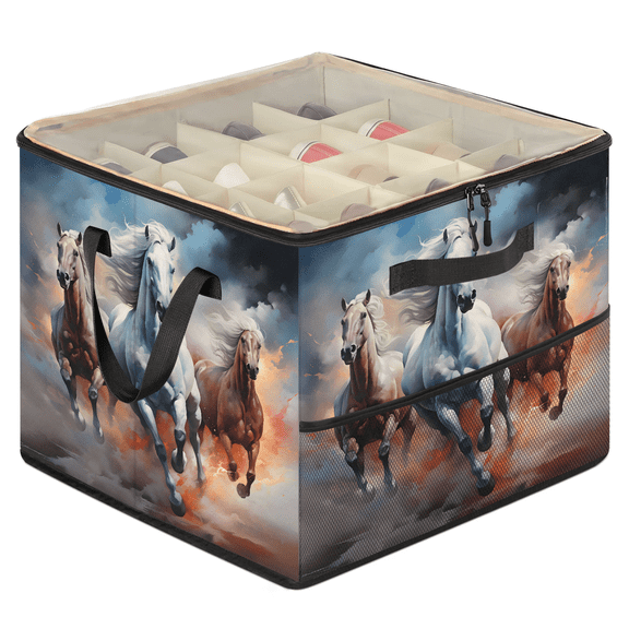 Jiaoprinted Horse Animal Shoe Storage Box with Adjustable Dividers, Large Shoe Organizer with Clear Transparent Lid, Western Running Horse Foldable Stackable Shoes Storage Bin for Closet Entryway