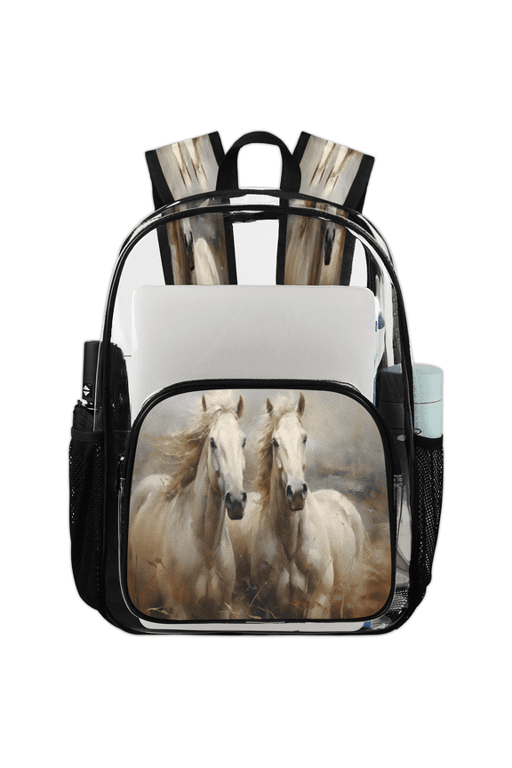 Horses Clear Backpack for Stadium Events, Transparent Backpacks See Through Plastic Bag for Concerts & Work, Western Rustic Farmhouse Animals