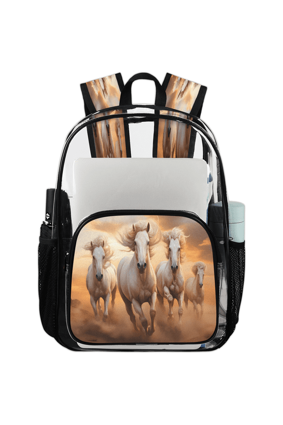 Horses Running Sunset Clear Backpack for Stadium Events, Western Horse Transparent Plastic Bag for Games, Security Checks, Festivals, Concerts