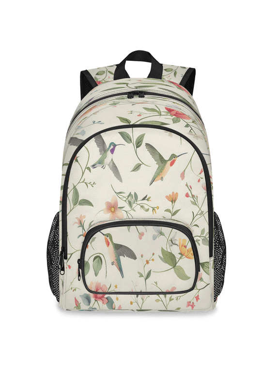 Hummingbird Floral Backpack, Large Wildflower Travel Laptop Backpack Men Women Work Business Computer Casual Daypack Rucksack, 18 Inch