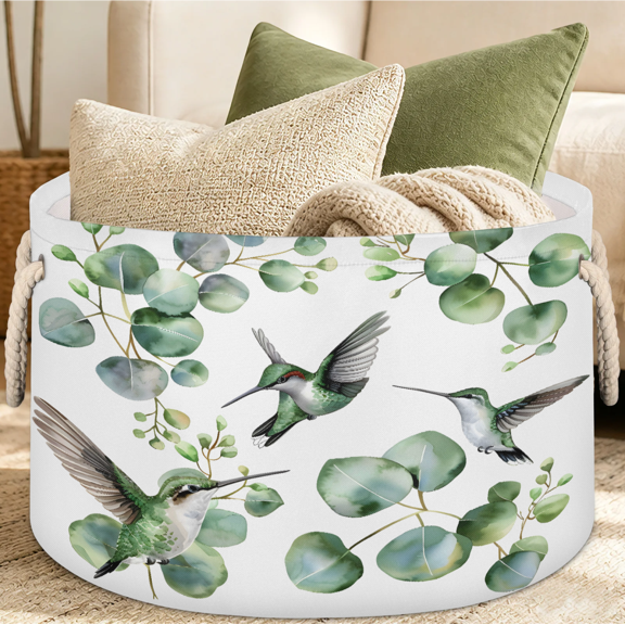 Jiaoprinted Hummingbirds Eucalyptus Leaves Large Round Collapsible Storage Basket, 65L Fabric Storage Organizer Bin with Handles for Blankets Linens Clothes, 19.4" x 13.3" Spring Summer