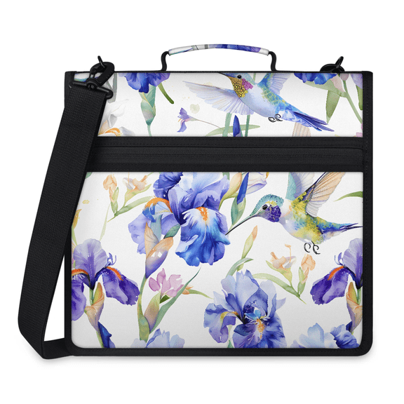 Jiaoprinted Hummingbirds Zipper Binder, Blue Phalaenopsis 3 D-Ring Binder, Multi-Pocket Expanding Organizer Bag with Handle and Shoulder Strap for Travel Work