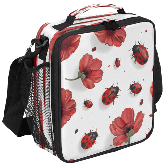 Jiaoprinted Insulated Lunch Bag for Women, Watercolor Red Flowers Reusable Cooler Lunch Tote, Cartoon Cute Ladybugs Leakproof Thermal Lunchbox for Work Travel