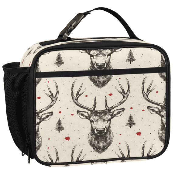 Jiaoprinted Insulated Lunch Box for Adults, Forest Deer Heads Reusable Cooler Lunch Tote with Detachable Handle, Rustic Hunting Deer Leakproof Lunch Bag