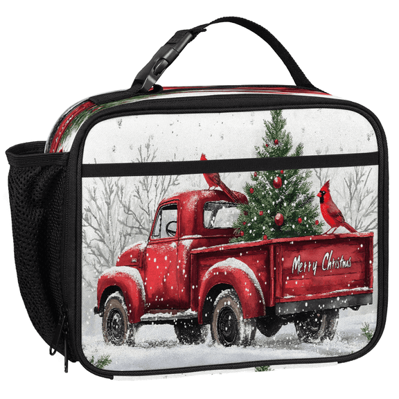 Jiaoprinted Insulated Lunch Box for Adults, Red Christmas Truck Reusable Cooler Lunch Tote with Detachable Handle, Rustic Farmhouse Leakproof Lunch Bag