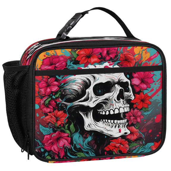 Jiaoprinted Insulated Lunch Box for Adults, Skull Red Hibiscus Flowers Reusable Cooler Lunch Tote with Detachable Handle, Gothic Skull Leakproof Lunch Bag