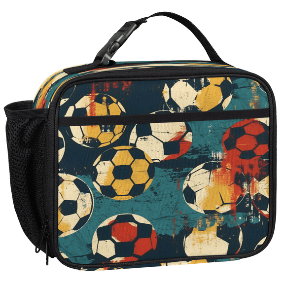 Jiaoprinted Insulated Lunch Box for Adults, Sports themed Reusable Cooler Lunch Tote with Detachable Handle, Retro Soccer Football Leakproof Lunch Bag