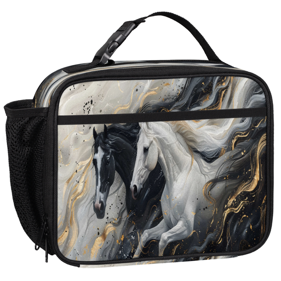 Jiaoprinted Insulated Lunch Box for Adults, Black and White Horse Reusable Cooler Lunch Tote with Detachable Handle, Marble Leakproof Lunch Bag