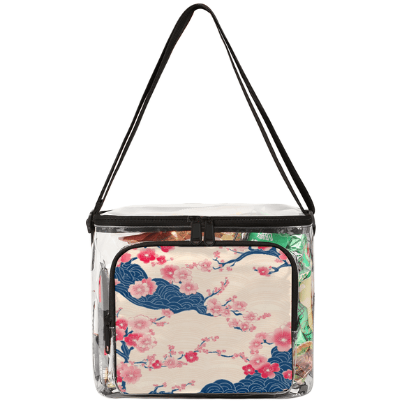 Jiaoprinted Japanese Cherry Blossoms Clear Lunch Bag, Pink Floral Reusable Plastic See Through Lunch Box Lunchbag for Work Picnic Stadium Approved