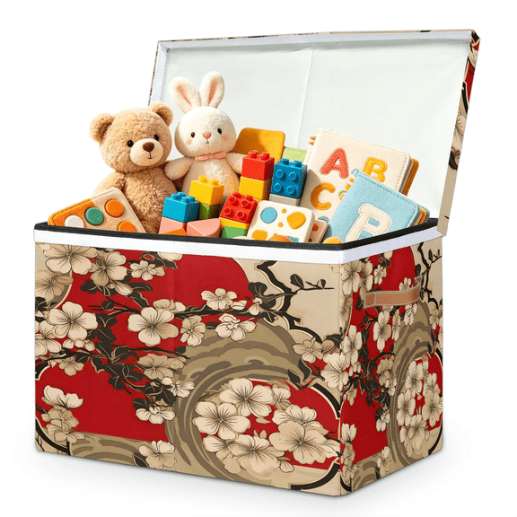 Jiaoprinted Japanese Flower Toy Storage Box Chest with Lid & Divider, Cherry Blossoms Foldable Toy Organizer Bin with Sturdy Handles for Nursery Living Room, 85L, 25"x13"x16"
