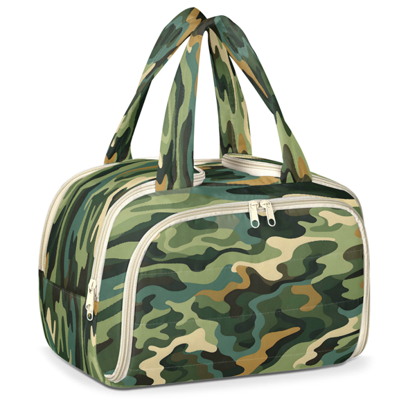 Jiaoprinted Jungle Green Camouflage Puffy Travel Makeup Toiletry Bag, Camo Print Wide Opening Cosmetic Organizer, Multiple Storage Pockets Carry On Pouch for Gym Overnight