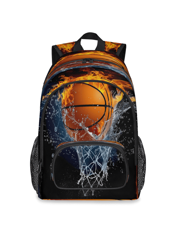 Large Basketball and Hoop Laptop Backpack, 18 Inch Fire and Water Basketball Travel Backpack for Men Women, Work Business Computer Casual Daypack