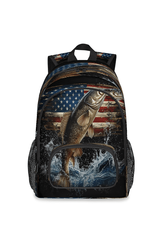 Large Bass Fish Laptop Backpack, 18 Inch American Flag Travel Backpack for Men Women, Work Business Computer Casual Daypack