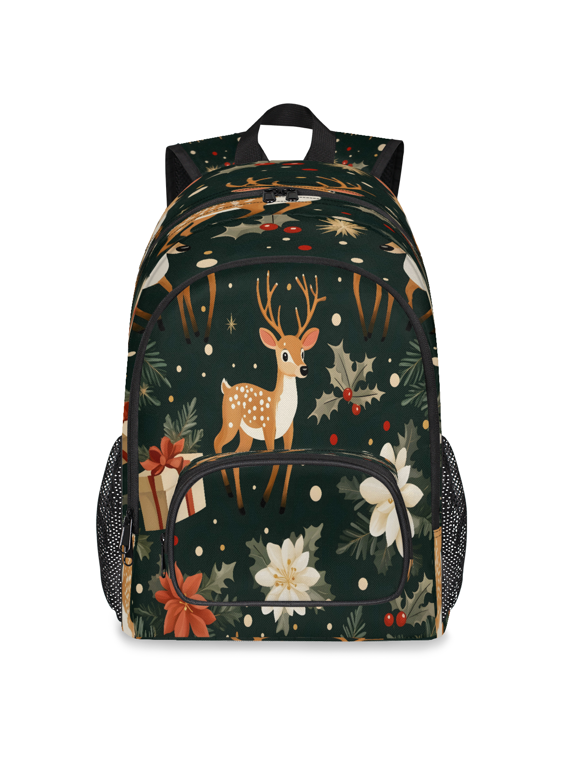 Large Christmas Deer Laptop Backpack, 18 Inch Winter Holiday Fawns Poinsettias Travel Backpack for Men Women, Work Business Computer Casual Daypack