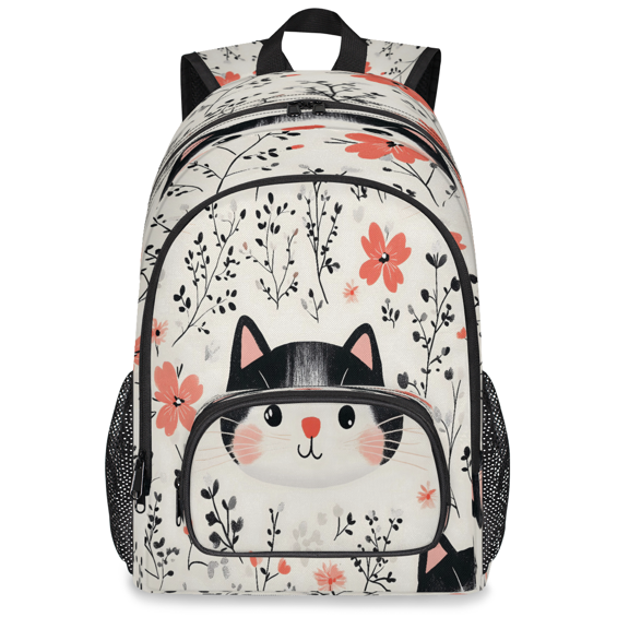 Jiaoprinted Large Cute Cats Floral Laptop Backpack, 18 Inch Wildflowers Cat Travel Backpack for Men Women, Work Business Computer Casual Daypack
