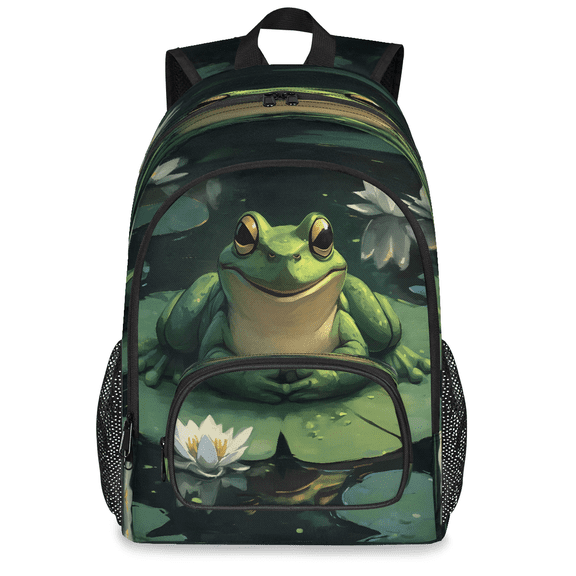 Jiaoprinted Large Frog Lily Pad Laptop Backpack, 18 Inch Green Frog Travel Backpack for Men Women, Work Business Computer Casual Daypack