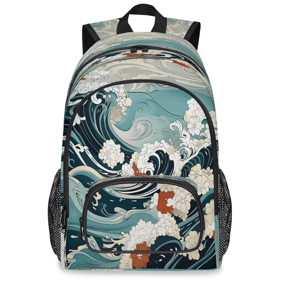 Jiaoprinted Large Japanese Waves Laptop Backpack, 18 Inch Watercolor Travel Backpack for Men Women, Work Business Computer Casual Daypack