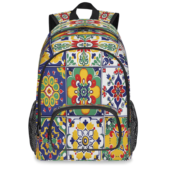Jiaoprinted Large Mexican Talavera Ceramic Tile Laptop Backpack, 18 Inch Mexico Travel Backpack for Men Women, Work Business Computer Casual Daypack