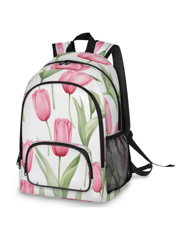 Large Pink Tulip Laptop Backpack, 18 Inch Tulip Flower Travel Backpack for Men Women, Work Business Computer Casual Daypack