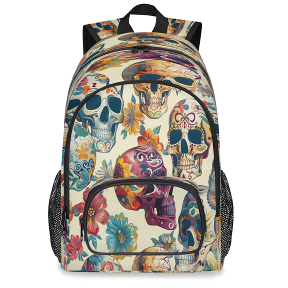 Jiaoprinted Large Retro Skull Flower Laptop Backpack, 18 Inch Floral Leaves Gothic Halloween Travel Backpack for Men Women, Work Business Computer Casual Daypack