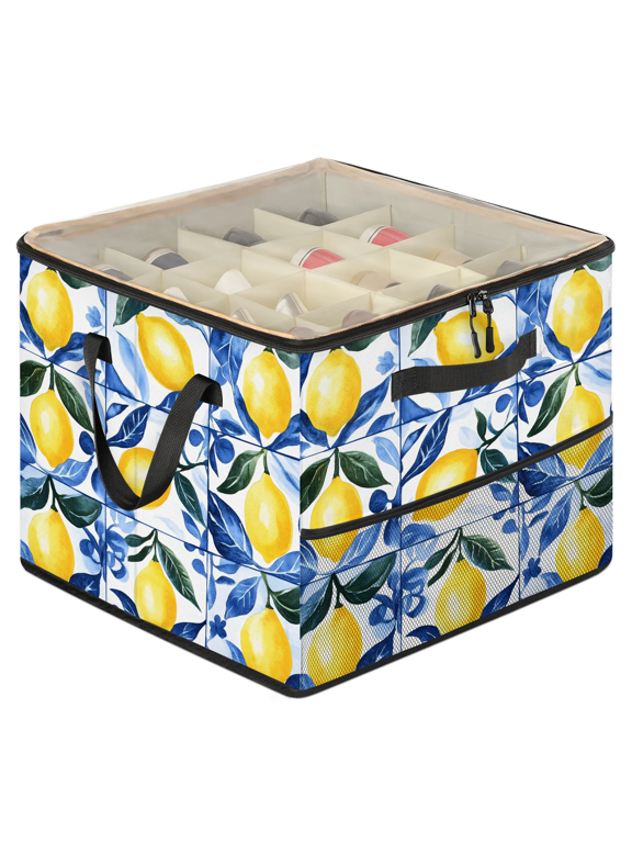 Lemon Plants Shoe Storage Box with Adjustable Dividers, Large Shoe Organizer with Clear Transparent Lid, Mediterranean Citrus Tile Pattern Foldable Stackable Shoes Storage Bin