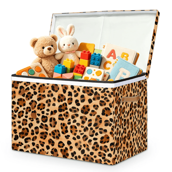 Jiaoprinted Leopard Print Large Toy Storage Box with Lid and Divider, Rustic Animal Print Foldable Toy Storage Organizer, Stackable Storage Container Home Organization, 85L
