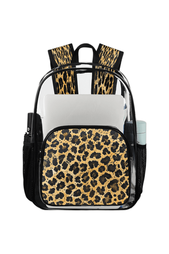 Light Tan Leopard Print Clear Backpack for Stadium Events, Transparent Backpacks See Through Plastic Bag for Concerts & Work, Safari Animal Print