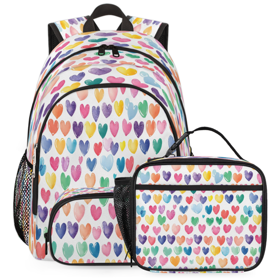 Jiaoprinted Love Hearts Backpack and Insulated Lunch Box Set, Multi‑Pocket Daypack with Detachable Insulated Lunch Tote for Travel Work Outdoor, Colorful Cute Hearts