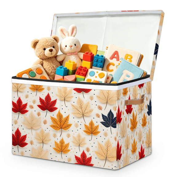 Jiaoprinted Maple Leaf Large Toy Storage Box with Lid and Divider, Cute Autumn Fall Foldable Toy Storage Organizer, Stackable Storage Container Home Organization, 85L